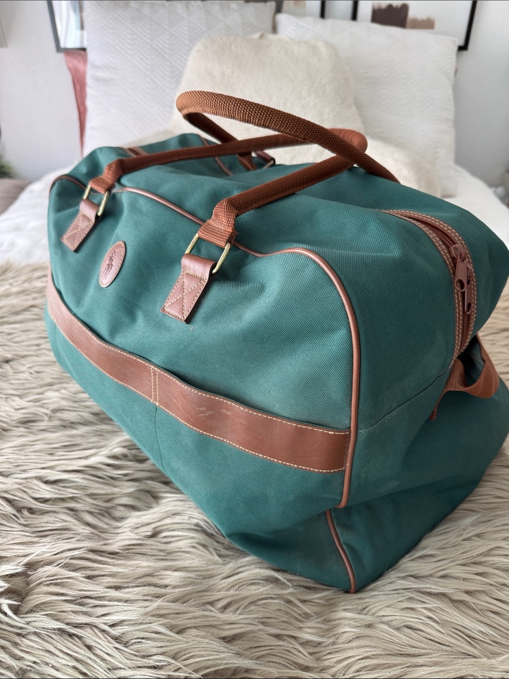 Ralph Lauren Vintage Green Teal Canvas Duffel with Brown Trim and Handles